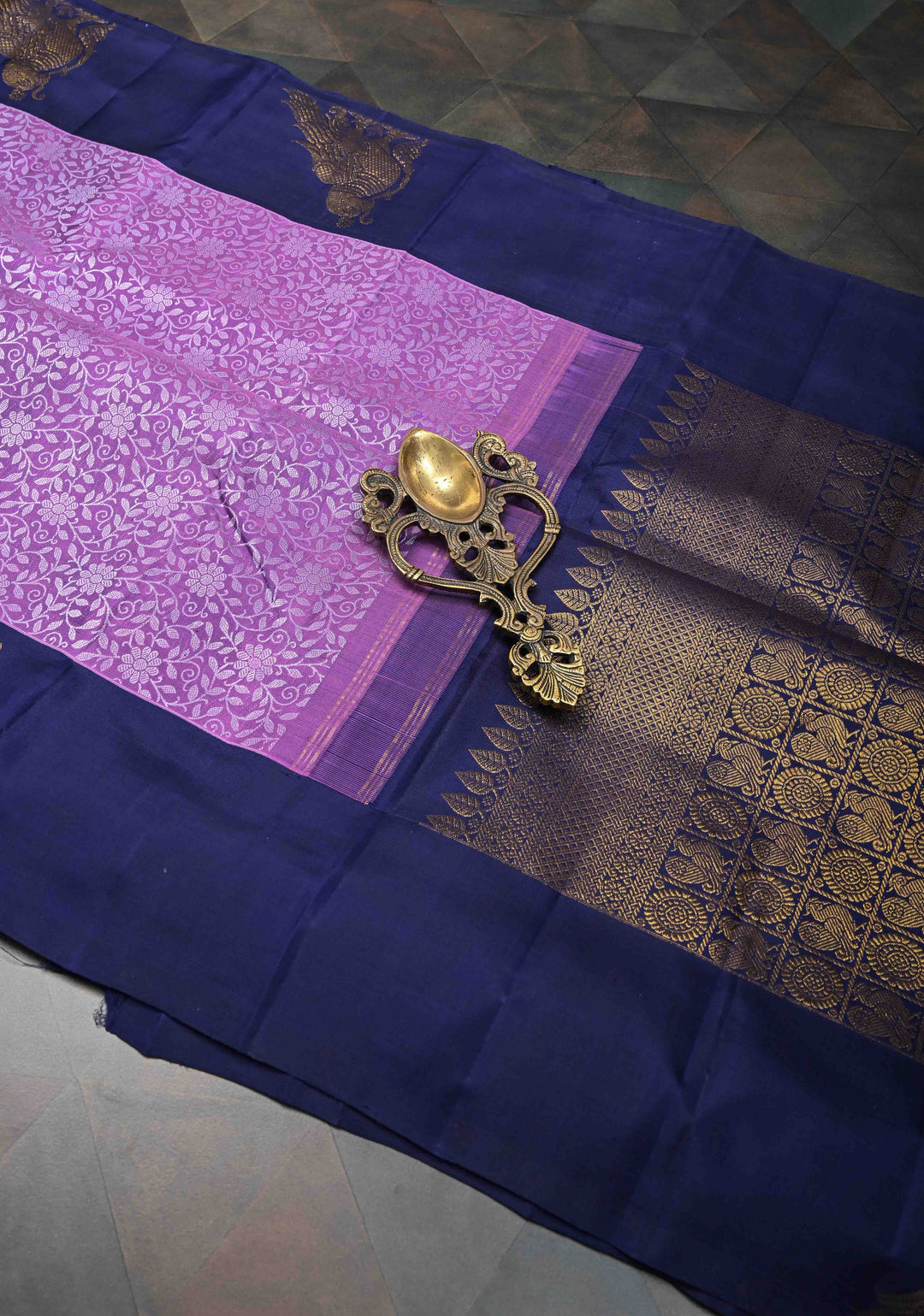 Dark Lavender Brocade Jaal Kanjivaram Silk Saree with Distinct Parrot Zari Border | SILK MARK CERTIFIED