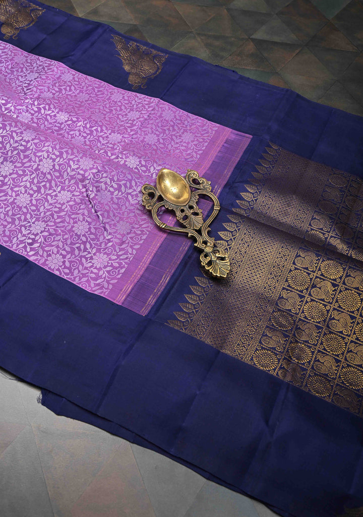 Dark Lavender Brocade Jaal Kanjivaram Silk Saree with Distinct Parrot Zari Border | SILK MARK CERTIFIED