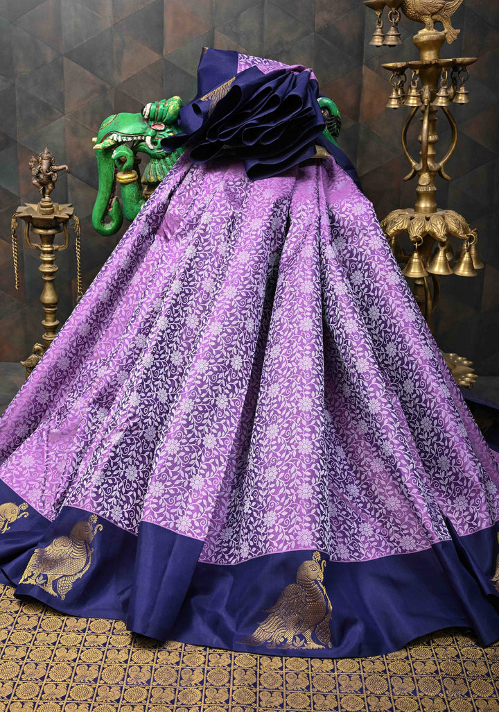Dark Lavender Brocade Jaal Kanjivaram Silk Saree with Distinct Parrot Zari Border | SILK MARK CERTIFIED