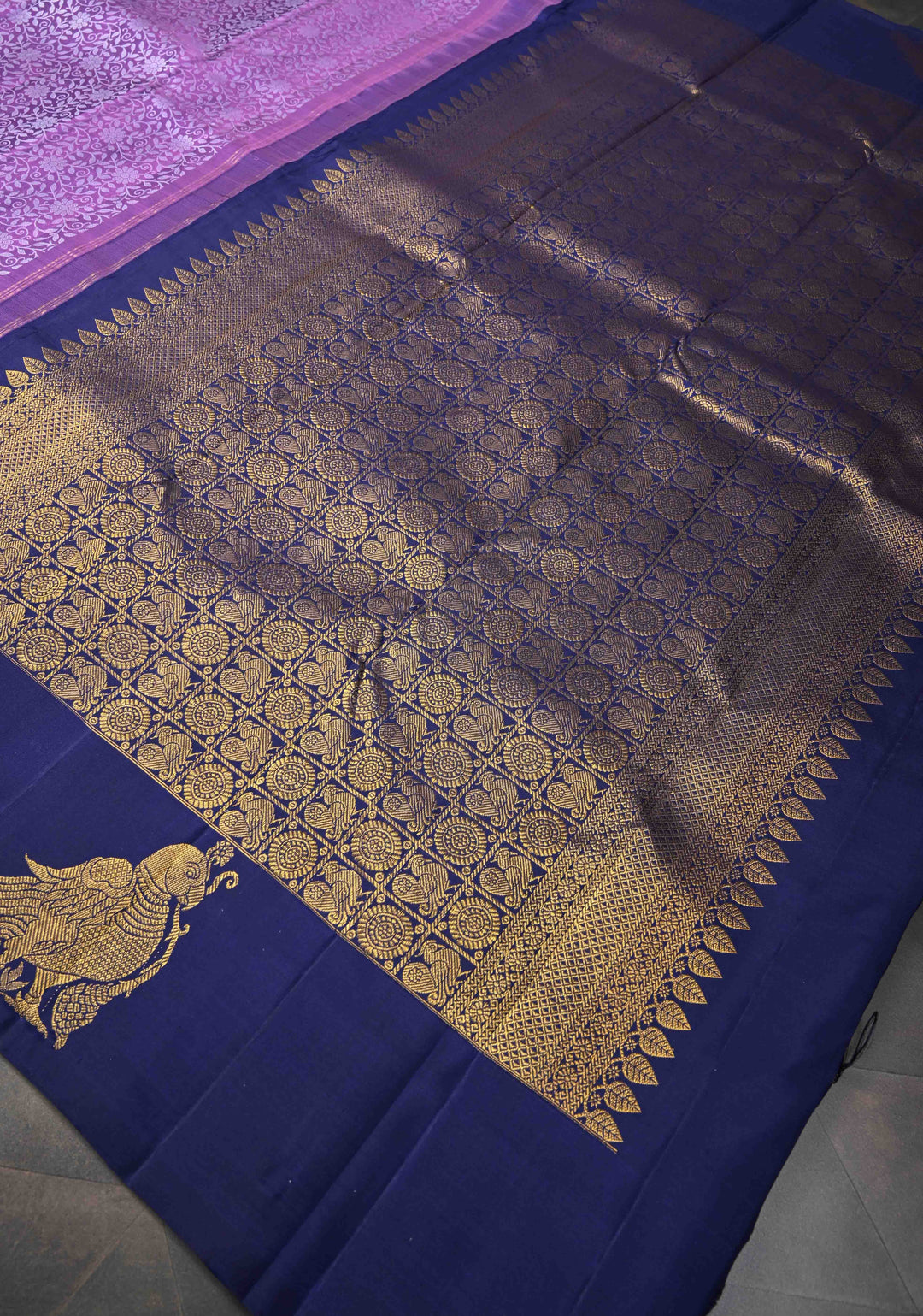 Dark Lavender Brocade Jaal Kanjivaram Silk Saree with Distinct Parrot Zari Border | SILK MARK CERTIFIED
