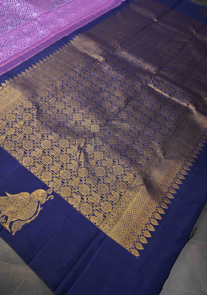 Dark Lavender Brocade Jaal Kanjivaram Silk Saree with Distinct Parrot Zari Border | SILK MARK CERTIFIED