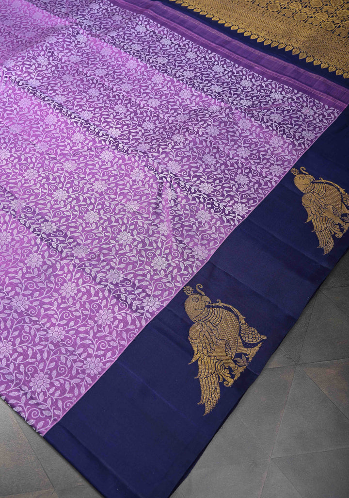 Dark Lavender Brocade Jaal Kanjivaram Silk Saree with Distinct Parrot Zari Border | SILK MARK CERTIFIED