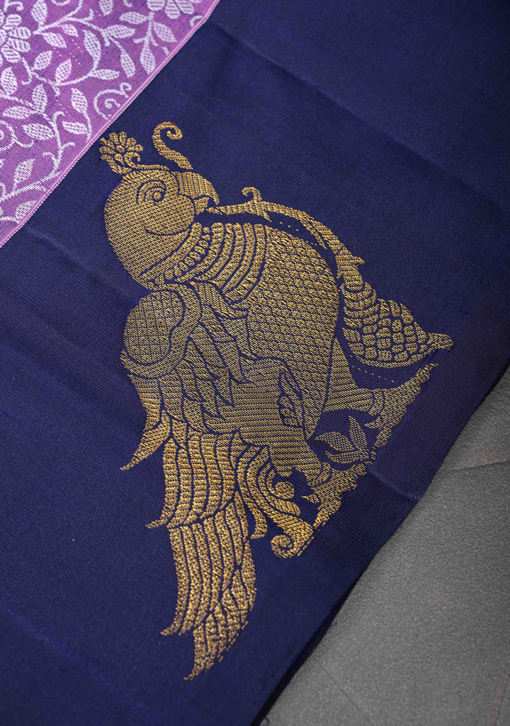 Dark Lavender Brocade Jaal Kanjivaram Silk Saree with Distinct Parrot Zari Border | SILK MARK CERTIFIED