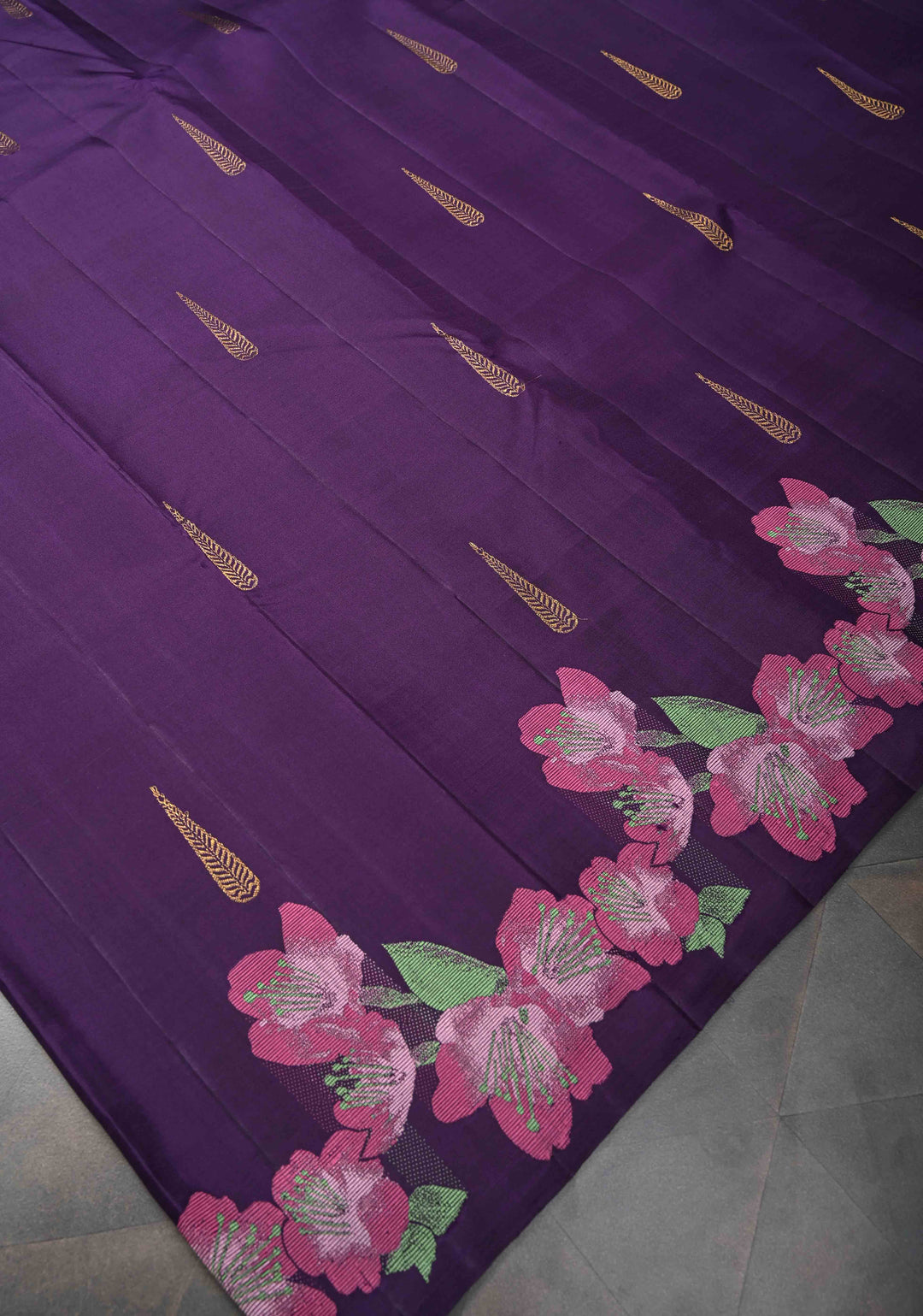 Aubergine Kanjivaram Pure Silk Saree with Zari Buttas and Meenakari Floral Border  | SILK MARK CERTIFIED