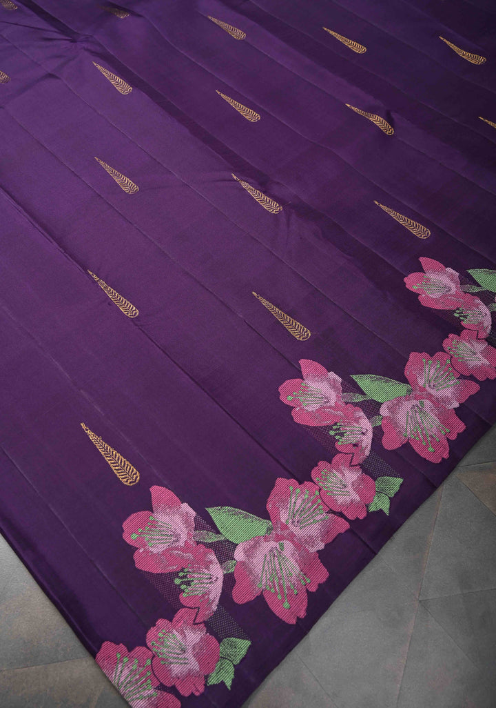 Aubergine Kanjivaram Pure Silk Saree with Zari Buttas and Meenakari Floral Border  | SILK MARK CERTIFIED