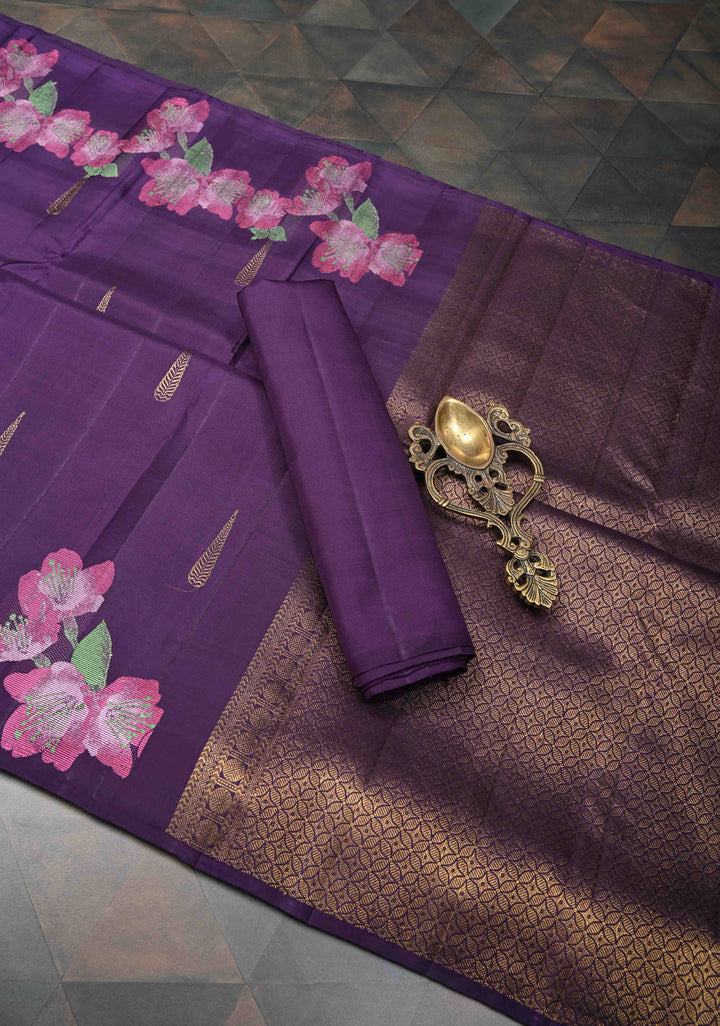 Aubergine Kanjivaram Pure Silk Saree with Zari Buttas and Meenakari Floral Border  | SILK MARK CERTIFIED