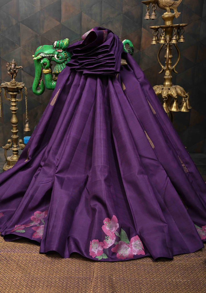 Aubergine Kanjivaram Pure Silk Saree with Zari Buttas and Meenakari Floral Border  | SILK MARK CERTIFIED