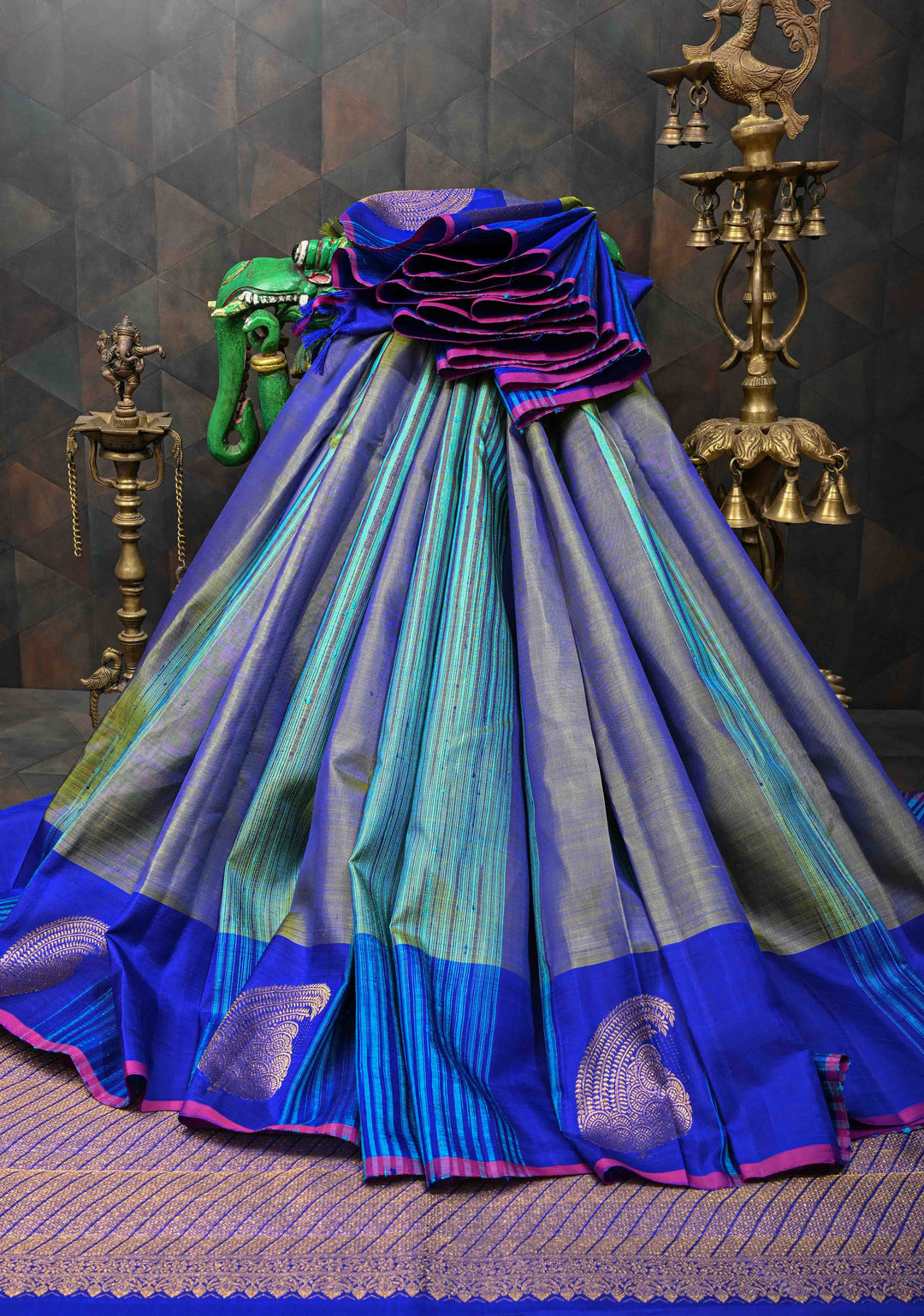 Blue Green Dual tone Fusion Raw Silk and Mulberry Panel Kanjivaram Pure Silk Saree with Contrast Distinct Paisley Motifs on Border | SILK MARK CERTIFIED