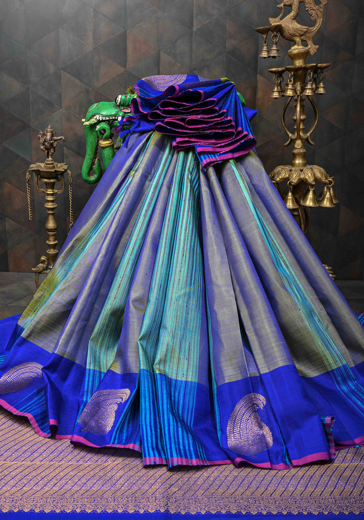 Blue Green Dual tone Fusion Raw Silk and Mulberry Panel Kanjivaram Pure Silk Saree with Contrast Distinct Paisley Motifs on Border | SILK MARK CERTIFIED