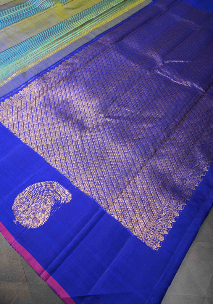 Blue Green Dual tone Fusion Raw Silk and Mulberry Panel Kanjivaram Pure Silk Saree with Contrast Distinct Paisley Motifs on Border | SILK MARK CERTIFIED