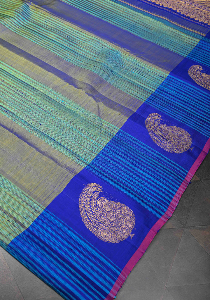 Blue Green Dual tone Fusion Raw Silk and Mulberry Panel Kanjivaram Pure Silk Saree with Contrast Distinct Paisley Motifs on Border | SILK MARK CERTIFIED