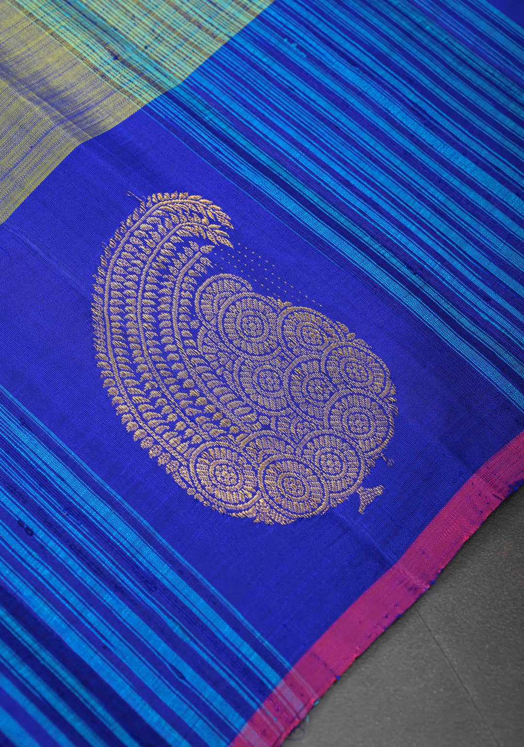 Blue Green Dual tone Fusion Raw Silk and Mulberry Panel Kanjivaram Pure Silk Saree with Contrast Distinct Paisley Motifs on Border | SILK MARK CERTIFIED
