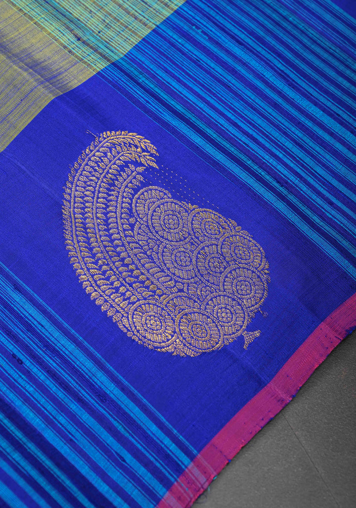 Blue Green Dual tone Fusion Raw Silk and Mulberry Panel Kanjivaram Pure Silk Saree with Contrast Distinct Paisley Motifs on Border | SILK MARK CERTIFIED