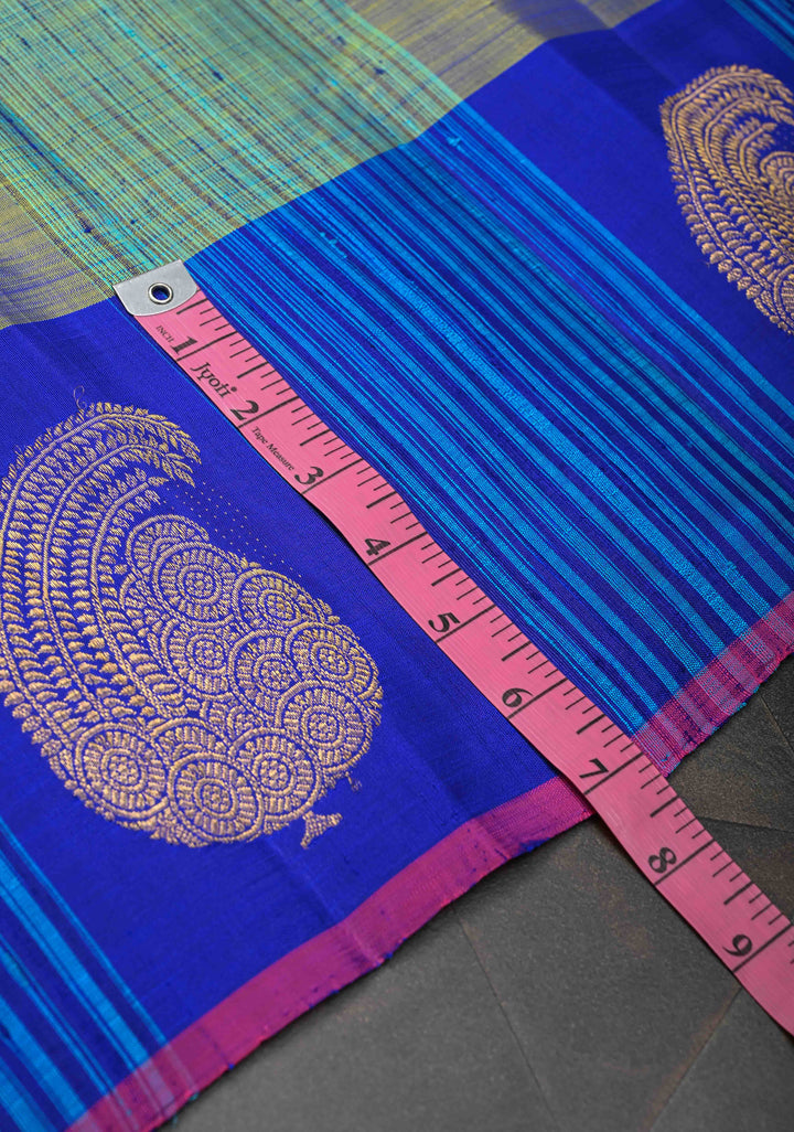 Blue Green Dual tone Fusion Raw Silk and Mulberry Panel Kanjivaram Pure Silk Saree with Contrast Distinct Paisley Motifs on Border | SILK MARK CERTIFIED