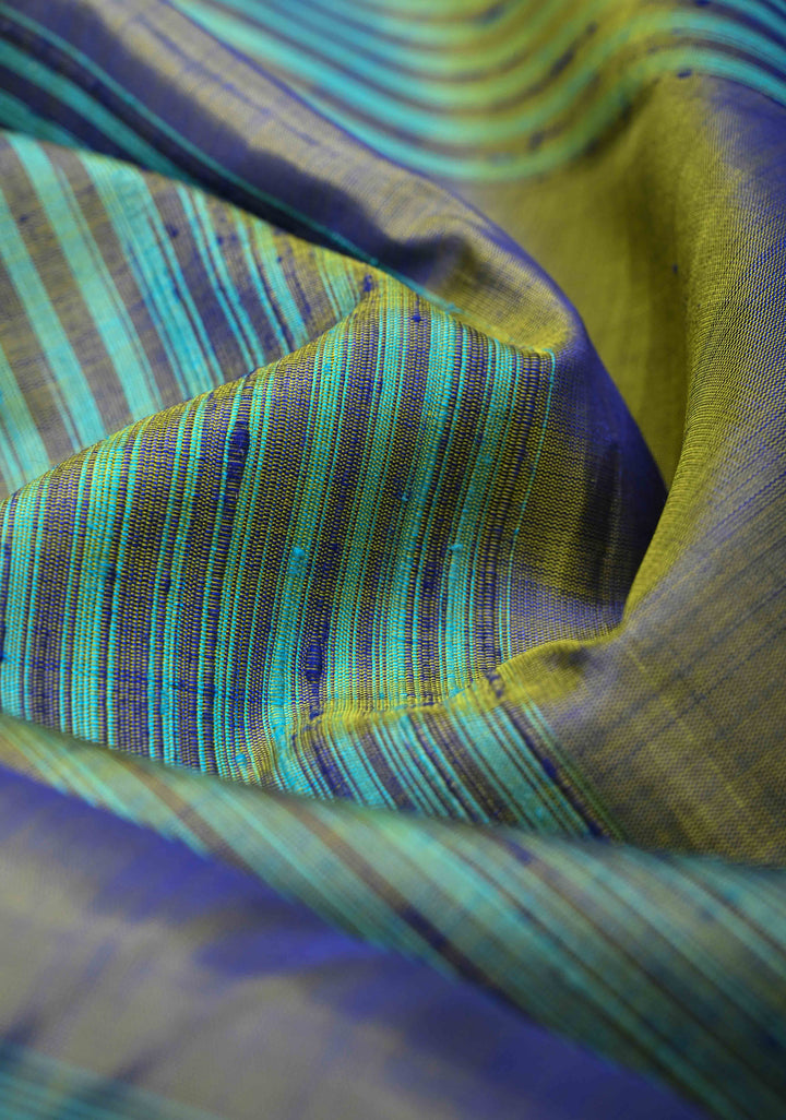 Blue Green Dual tone Fusion Raw Silk and Mulberry Panel Kanjivaram Pure Silk Saree with Contrast Distinct Paisley Motifs on Border | SILK MARK CERTIFIED