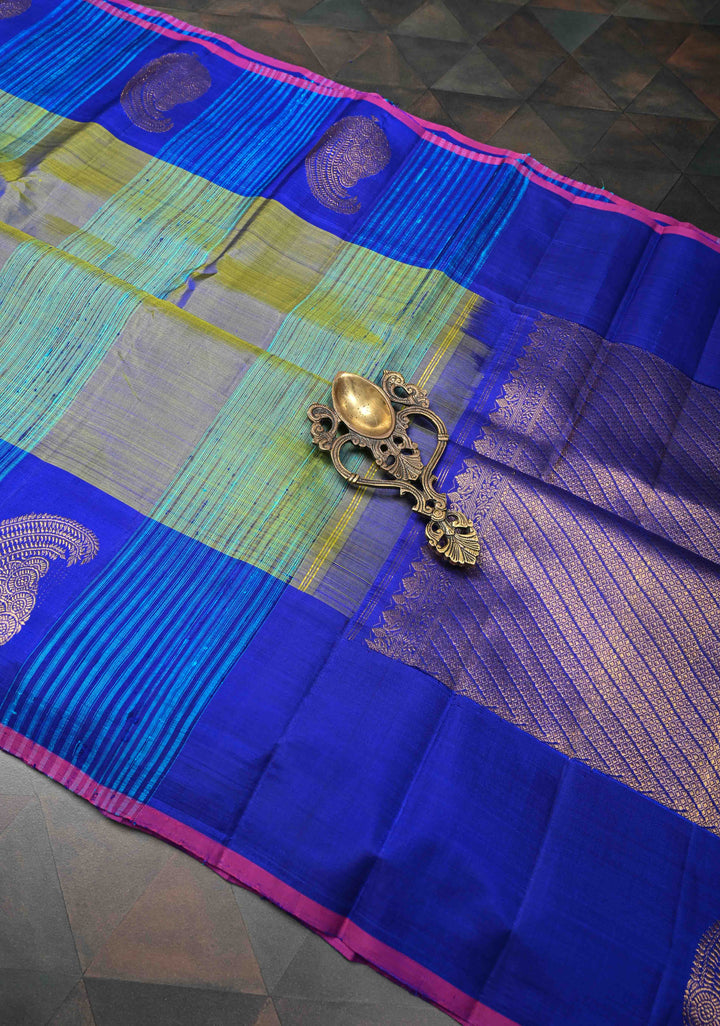 Blue Green Dual tone Fusion Raw Silk and Mulberry Panel Kanjivaram Pure Silk Saree with Contrast Distinct Paisley Motifs on Border | SILK MARK CERTIFIED
