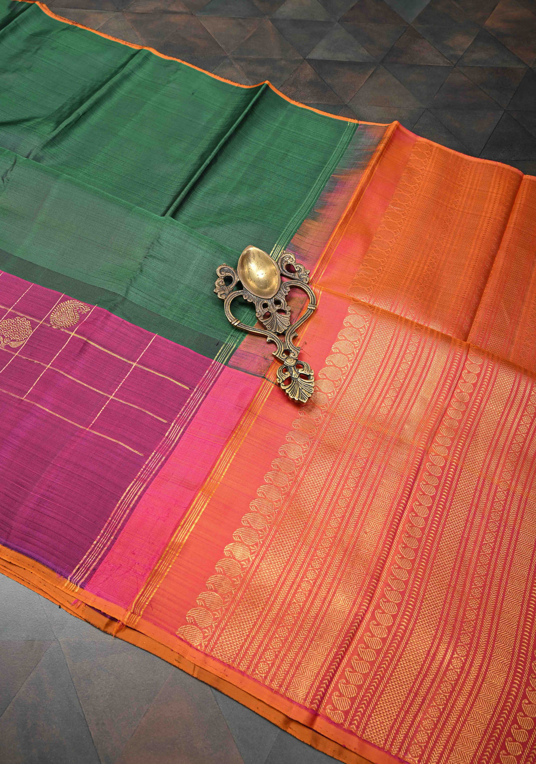 Unique Three Color Pure Kanjivaram Silk Saree With distinct Twin parrot on contrast Border | SILK MARK CERTIFIED