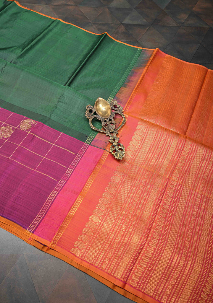Unique Three Color Pure Kanjivaram Silk Saree With distinct Twin parrot on contrast Border | SILK MARK CERTIFIED
