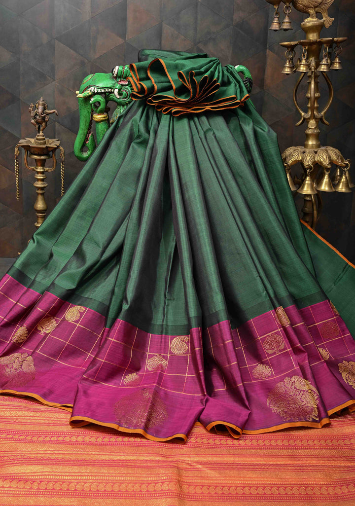 Unique Three Color Pure Kanjivaram Silk Saree With distinct Twin parrot on contrast Border | SILK MARK CERTIFIED
