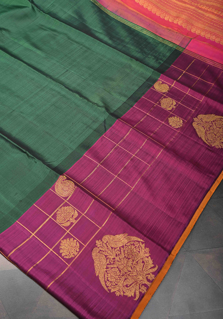 Unique Three Color Pure Kanjivaram Silk Saree With distinct Twin parrot on contrast Border | SILK MARK CERTIFIED
