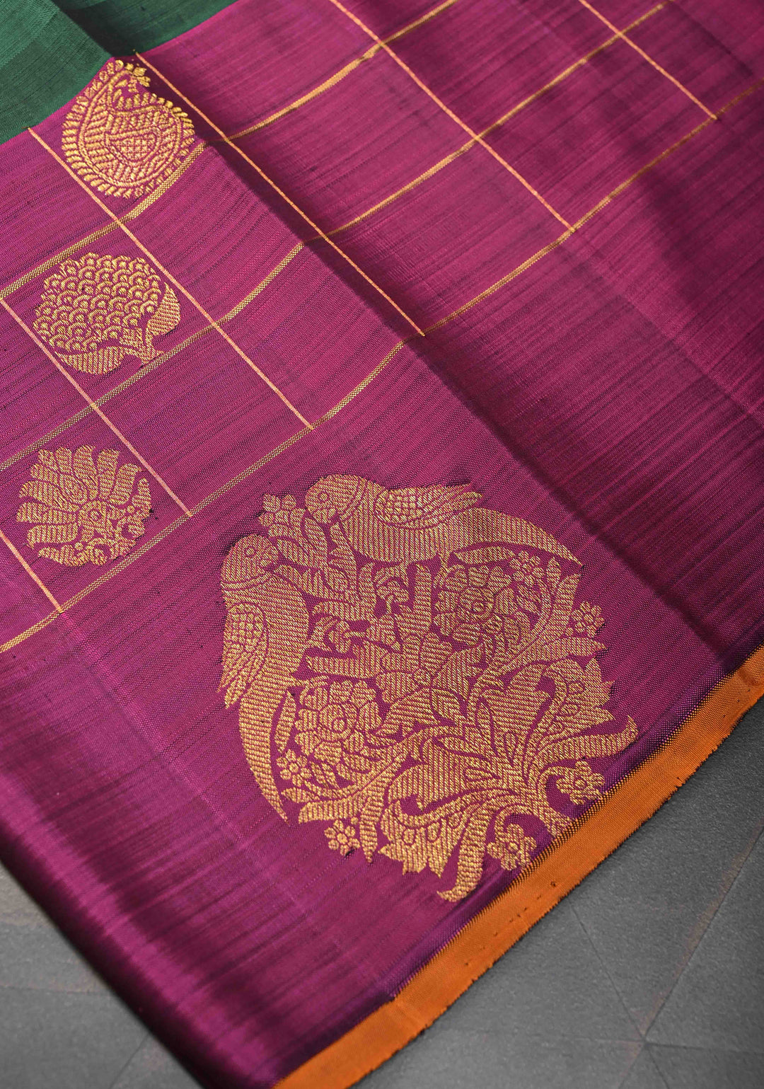Unique Three Color Pure Kanjivaram Silk Saree With distinct Twin parrot on contrast Border | SILK MARK CERTIFIED
