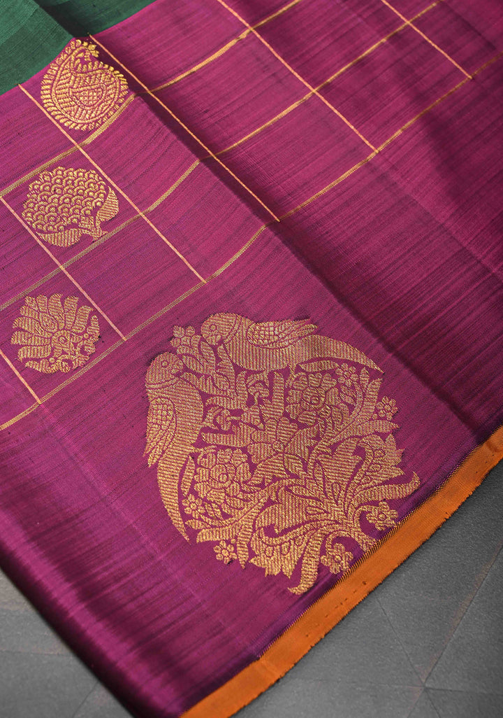 Unique Three Color Pure Kanjivaram Silk Saree With distinct Twin parrot on contrast Border | SILK MARK CERTIFIED