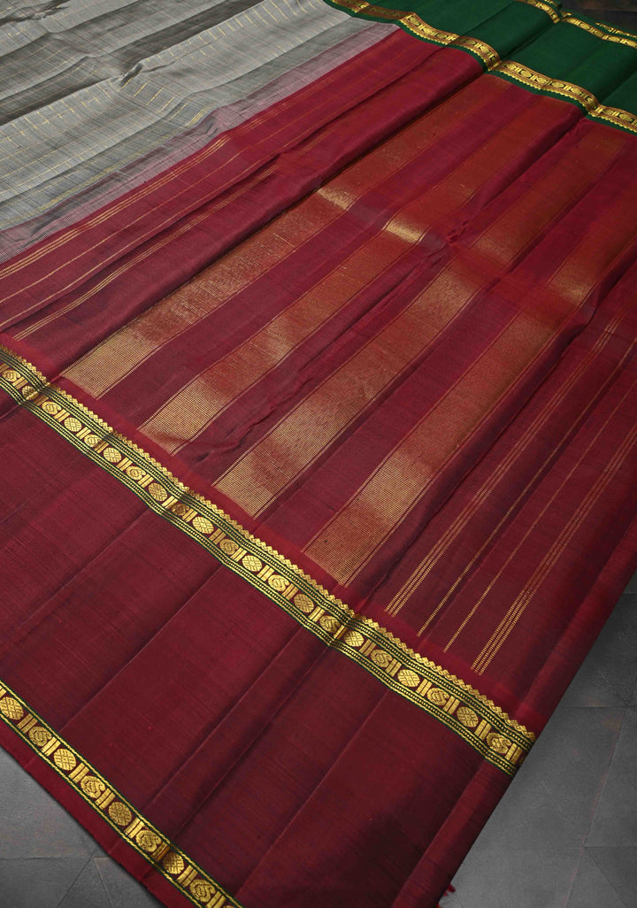 Korvai Gray Checks Pattern Kanjivaram Silk Saree With Ganga Jamuna Border | SILK MARK CERTIFIED
