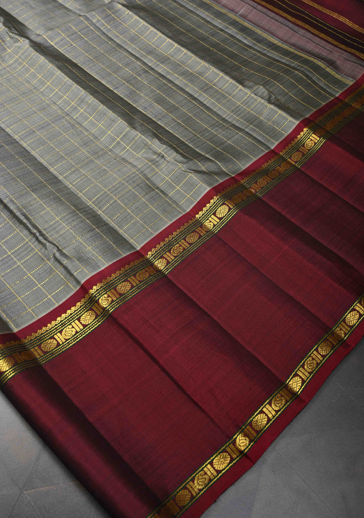 Korvai Gray Checks Pattern Kanjivaram Silk Saree With Ganga Jamuna Border | SILK MARK CERTIFIED