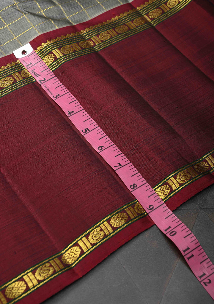 Korvai Gray Checks Pattern Kanjivaram Silk Saree With Ganga Jamuna Border | SILK MARK CERTIFIED