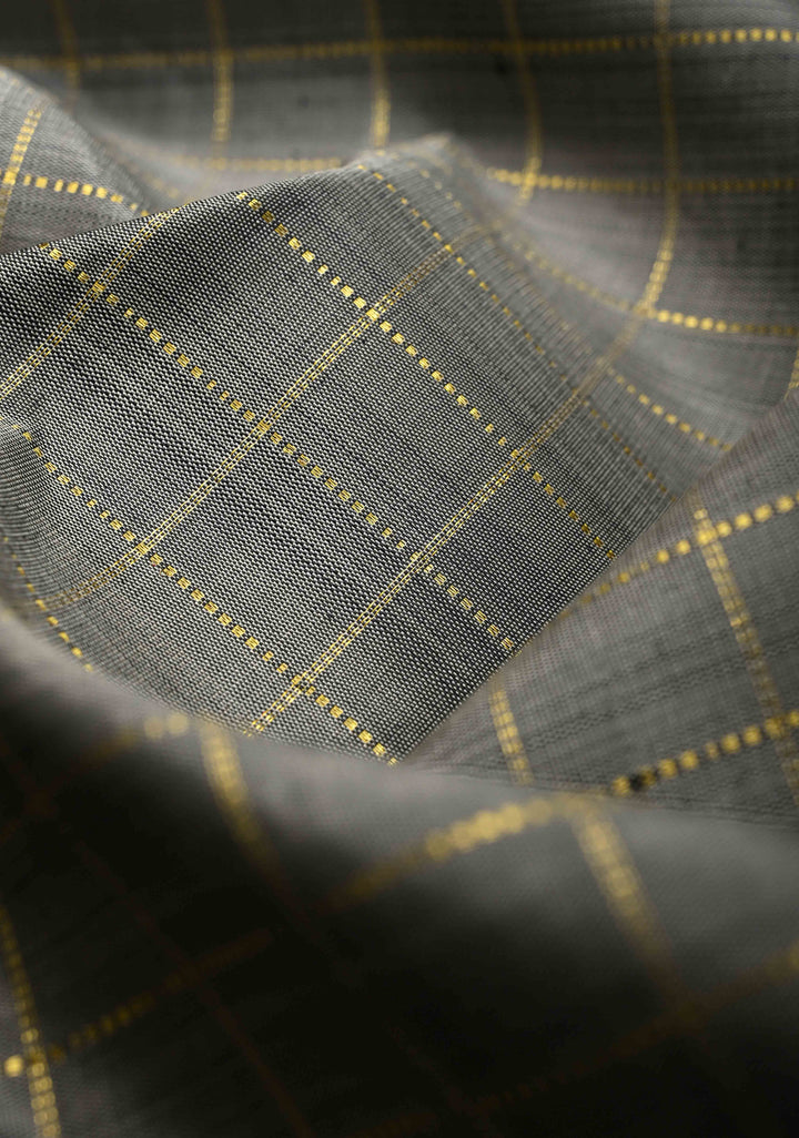 Korvai Gray Checks Pattern Kanjivaram Silk Saree With Ganga Jamuna Border | SILK MARK CERTIFIED
