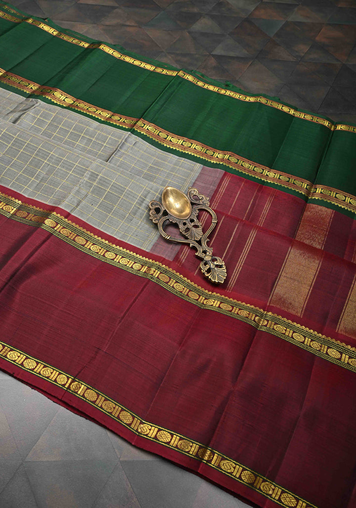 Korvai Gray Checks Pattern Kanjivaram Silk Saree With Ganga Jamuna Border | SILK MARK CERTIFIED