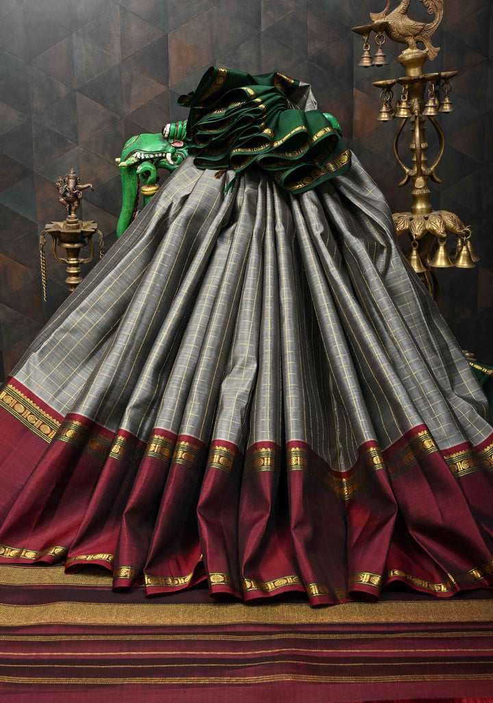 Korvai Gray Checks Pattern Kanjivaram Silk Saree With Ganga Jamuna Border | SILK MARK CERTIFIED