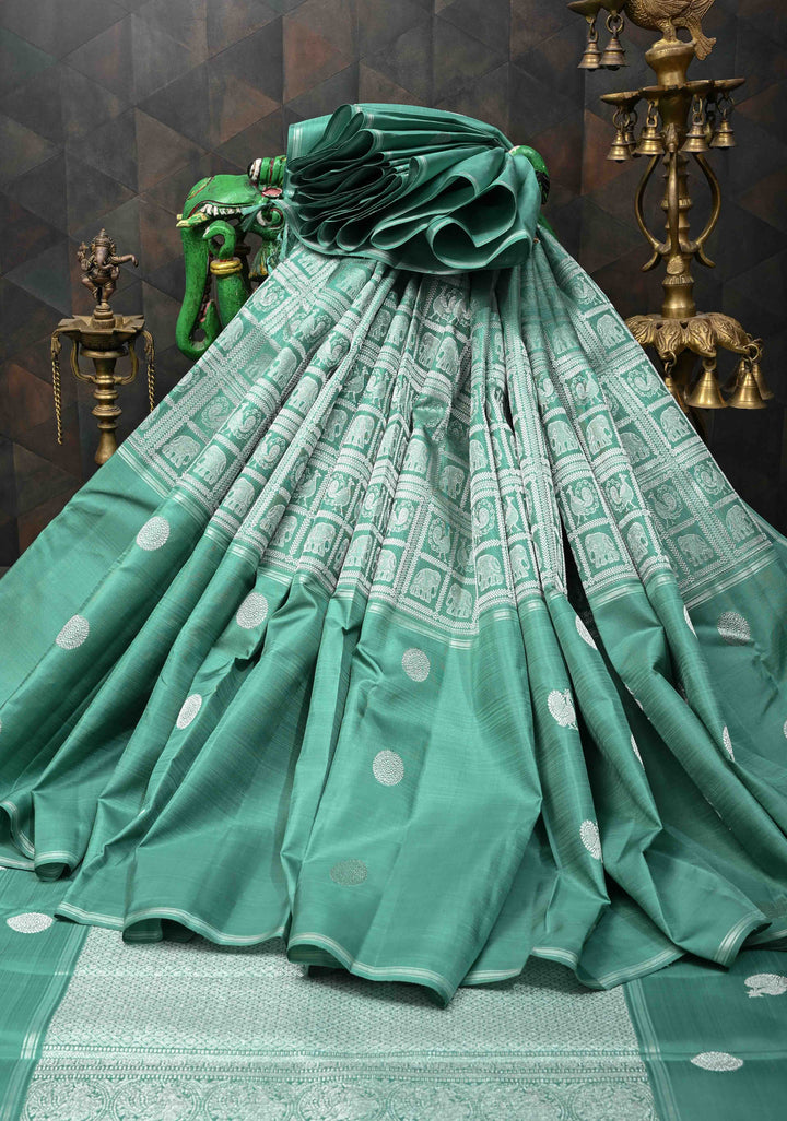 Sage Green Mubaggam Kanjivaram Pure Silk Saree with Zari Buttas and Patola Panel Design | SILK MARK CERTIFIED