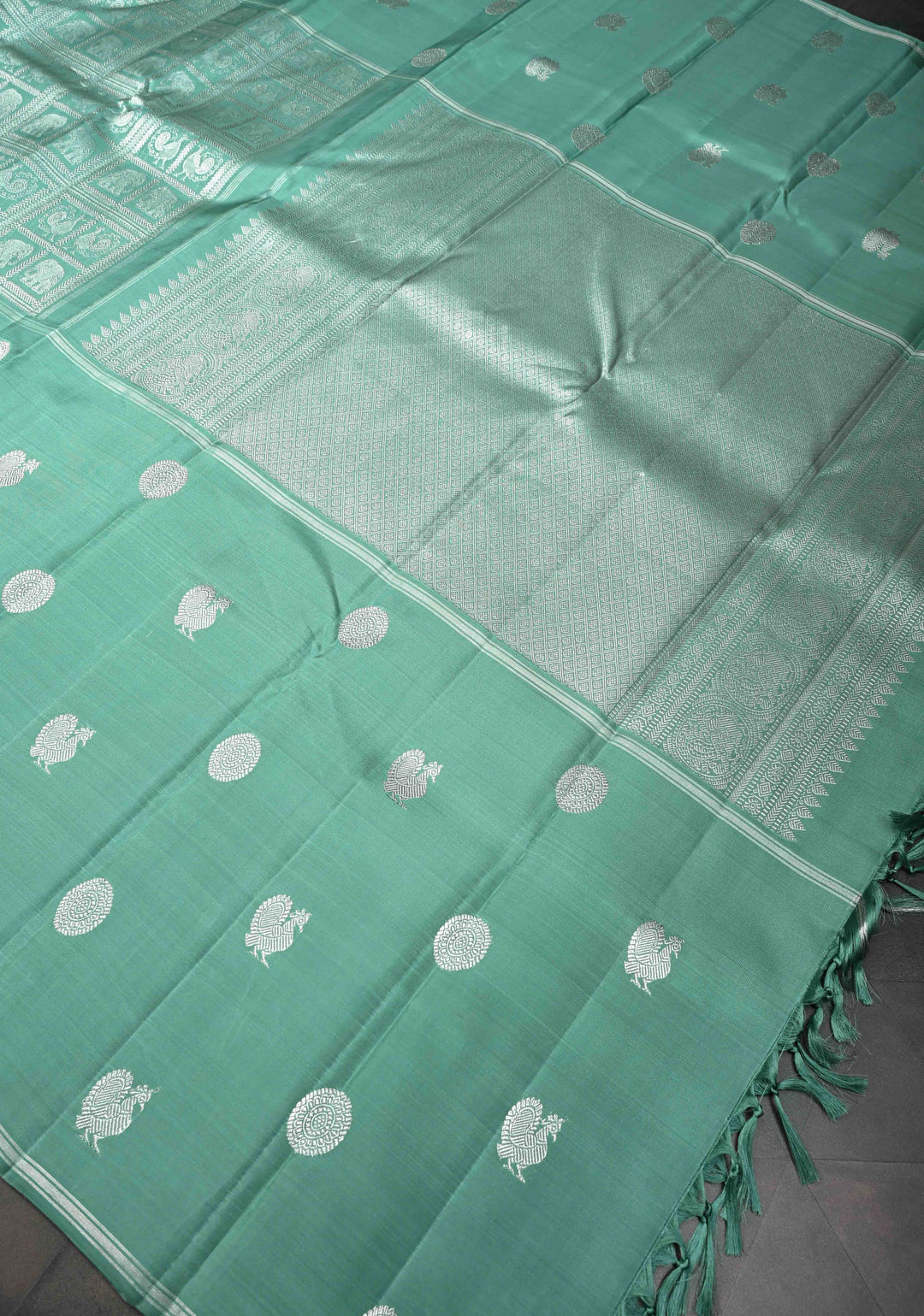 Sage Green Mubaggam Kanjivaram Pure Silk Saree with Zari Buttas and Patola Panel Design | SILK MARK CERTIFIED