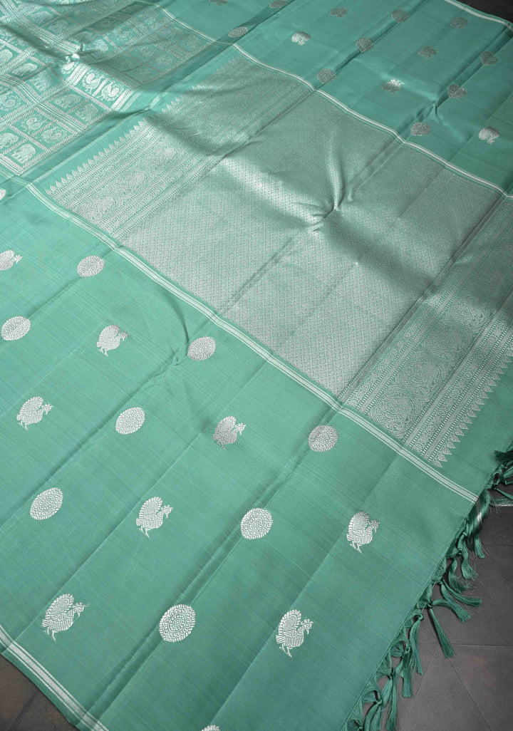 Sage Green Mubaggam Kanjivaram Pure Silk Saree with Zari Buttas and Patola Panel Design | SILK MARK CERTIFIED