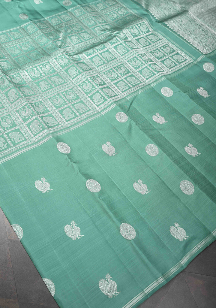 Sage Green Mubaggam Kanjivaram Pure Silk Saree with Zari Buttas and Patola Panel Design | SILK MARK CERTIFIED