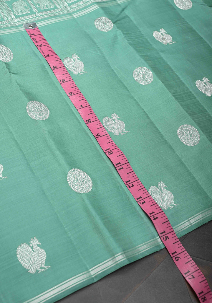 Sage Green Mubaggam Kanjivaram Pure Silk Saree with Zari Buttas and Patola Panel Design | SILK MARK CERTIFIED
