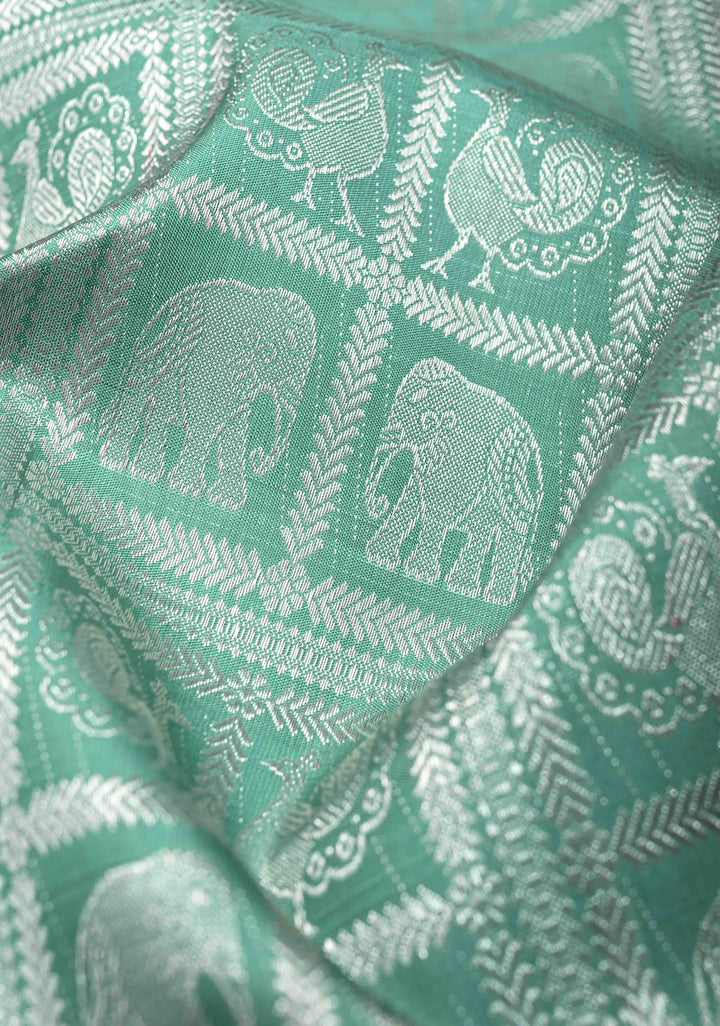 Sage Green Mubaggam Kanjivaram Pure Silk Saree with Zari Buttas and Patola Panel Design | SILK MARK CERTIFIED