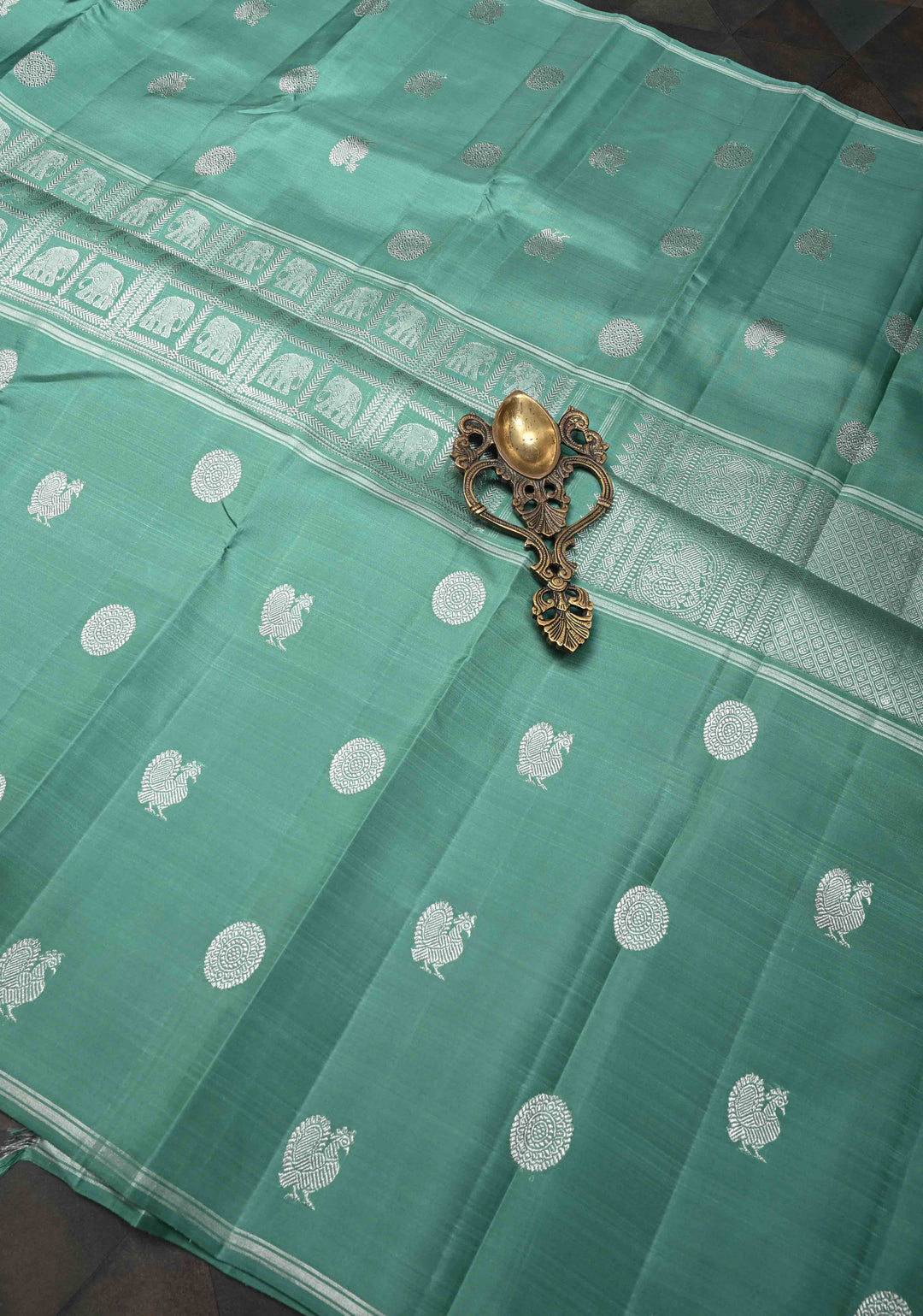 Sage Green Mubaggam Kanjivaram Pure Silk Saree with Zari Buttas and Patola Panel Design | SILK MARK CERTIFIED
