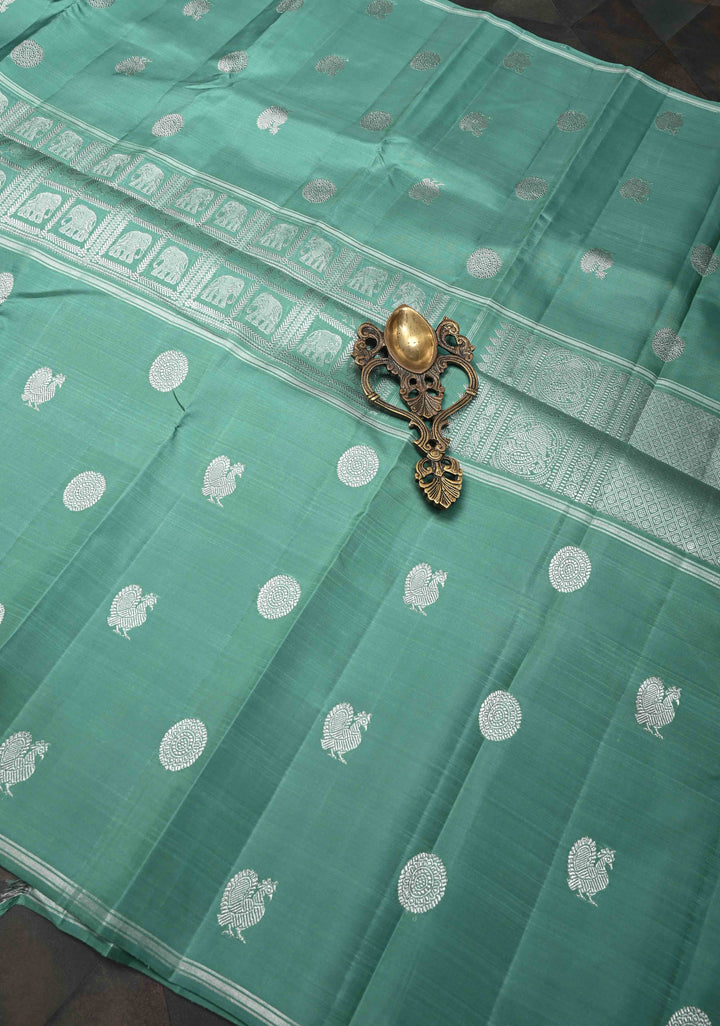 Sage Green Mubaggam Kanjivaram Pure Silk Saree with Zari Buttas and Patola Panel Design | SILK MARK CERTIFIED