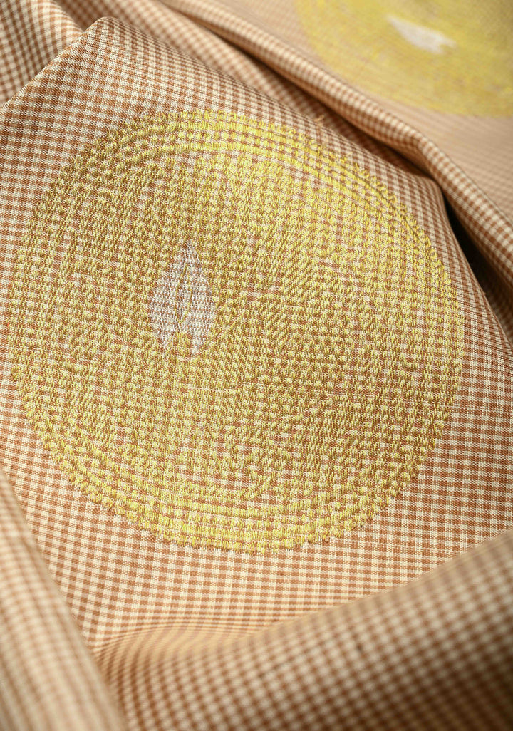 Pure Zari Borderless Beige & Khaki Gingham Checks Kanjivaram Silk Saree With Alfi Buttas | SILK MARK CERTIFIED