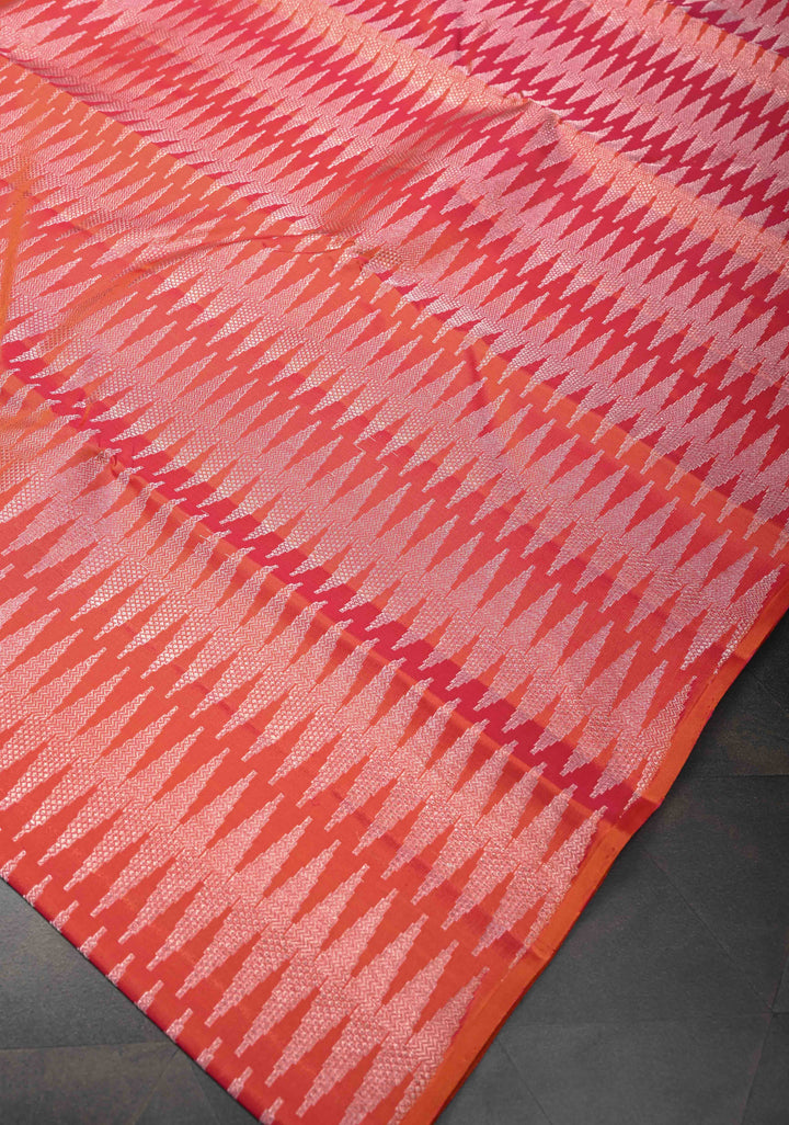 Borderless Kesari  Pink-Orange dual tone Kanjivaram Silk Saree with Zari chevron pattern| SILK MARK CERTIFIED