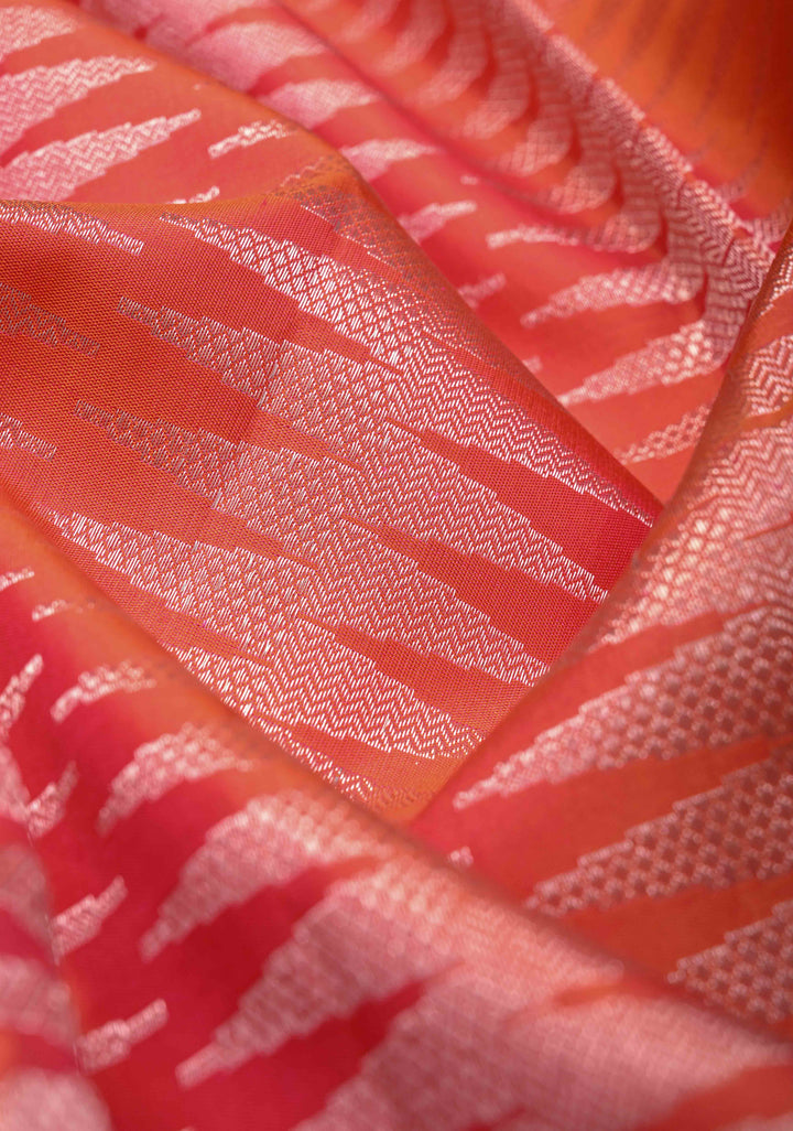 Borderless Kesari  Pink-Orange dual tone Kanjivaram Silk Saree with Zari chevron pattern| SILK MARK CERTIFIED