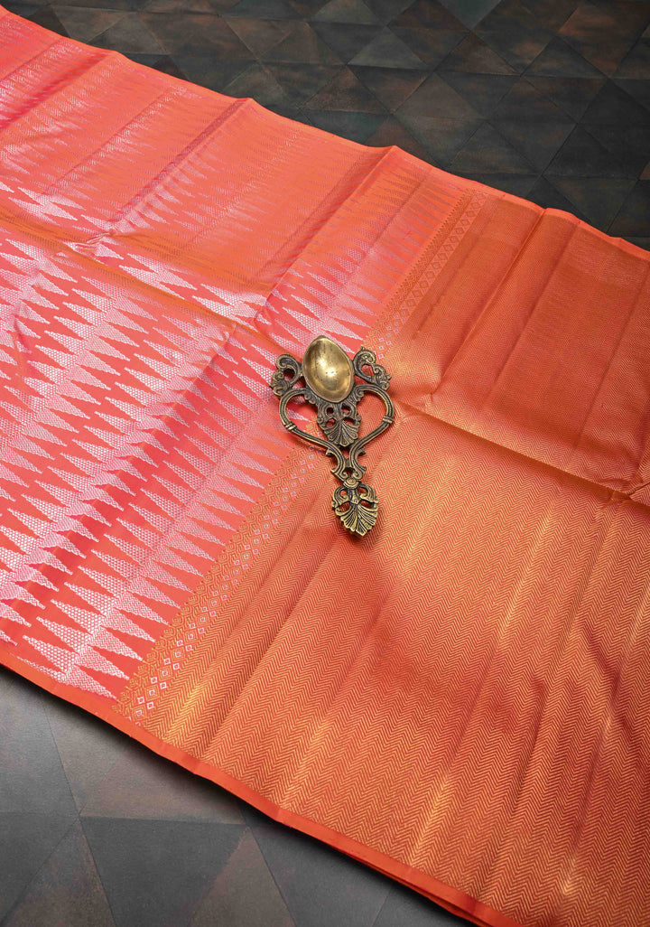 Borderless Kesari  Pink-Orange dual tone Kanjivaram Silk Saree with Zari chevron pattern| SILK MARK CERTIFIED