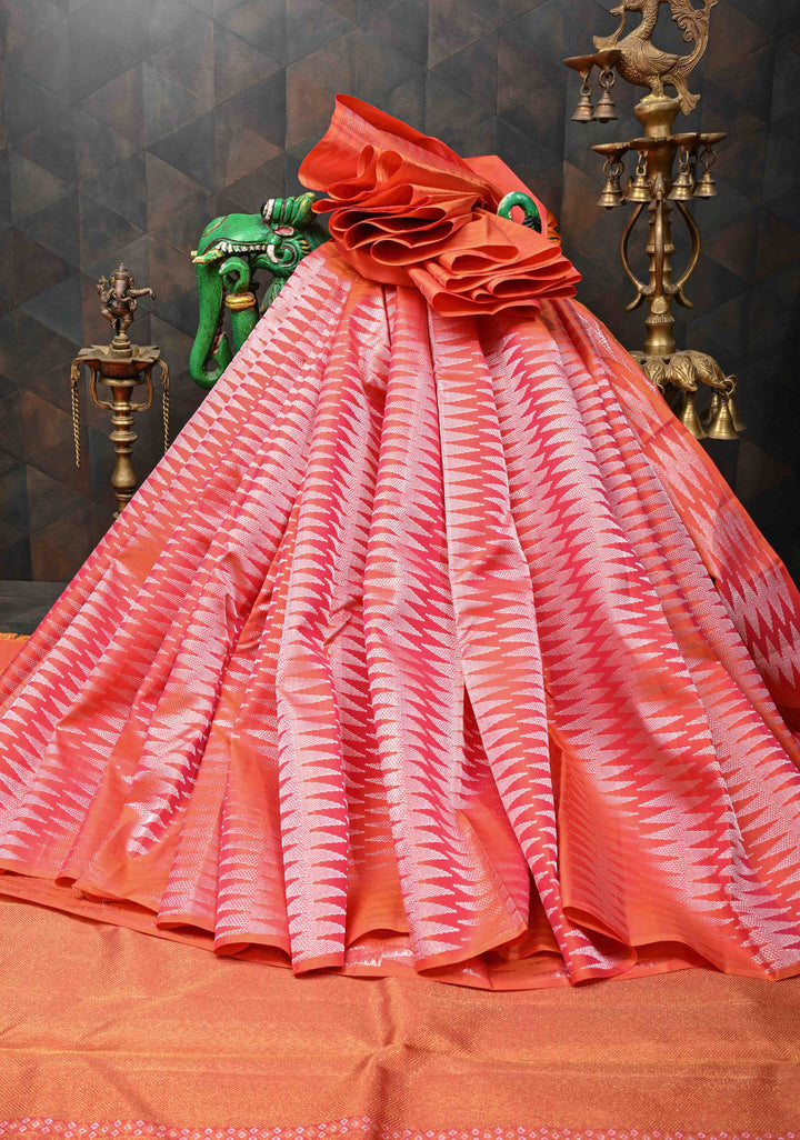 Borderless Kesari  Pink-Orange dual tone Kanjivaram Silk Saree with Zari chevron pattern| SILK MARK CERTIFIED