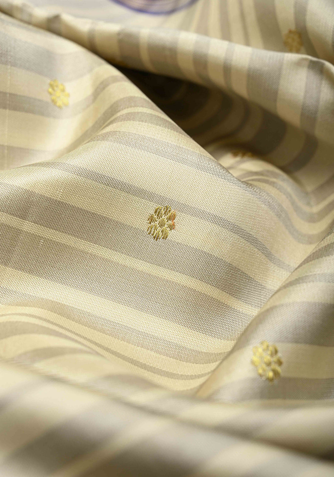 Cream Stripes Design Kanjivaram Pure Silk Saree with Chunri Buttas and Contrast Zari Border | SILK MARK CERTIFIED