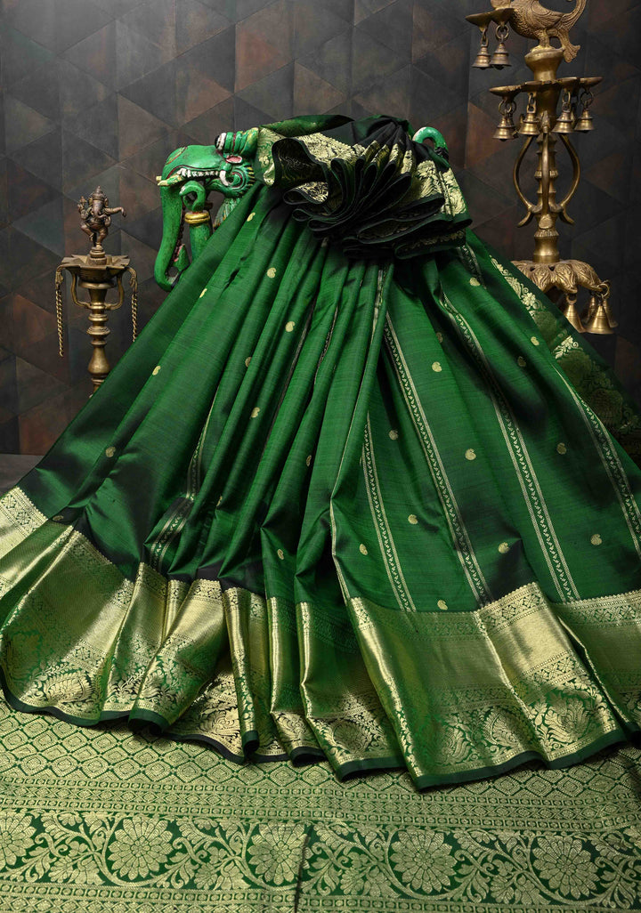 Green Ornate Zari Stripes Pure Kanjivaram Silk Saree with Zari Buttas and Zari Border | SILK MARK CERTIFIED