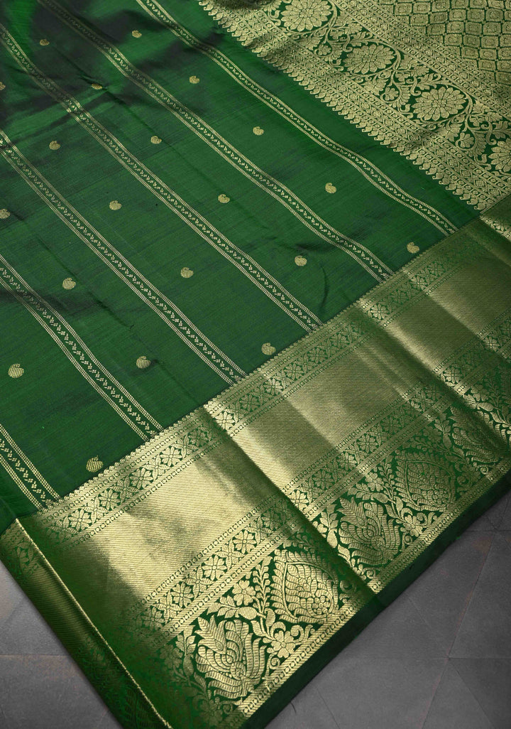 Green Ornate Zari Stripes Pure Kanjivaram Silk Saree with Zari Buttas and Zari Border | SILK MARK CERTIFIED