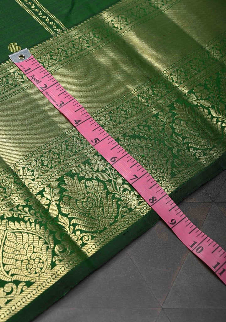 Green Ornate Zari Stripes Pure Kanjivaram Silk Saree with Zari Buttas and Zari Border | SILK MARK CERTIFIED