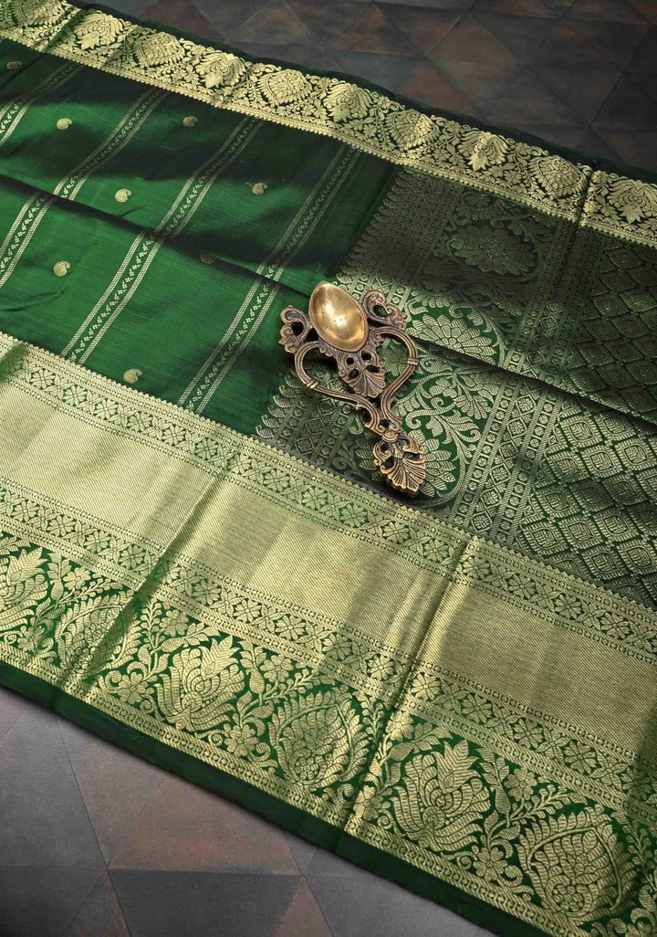 Green Ornate Zari Stripes Pure Kanjivaram Silk Saree with Zari Buttas and Zari Border | SILK MARK CERTIFIED